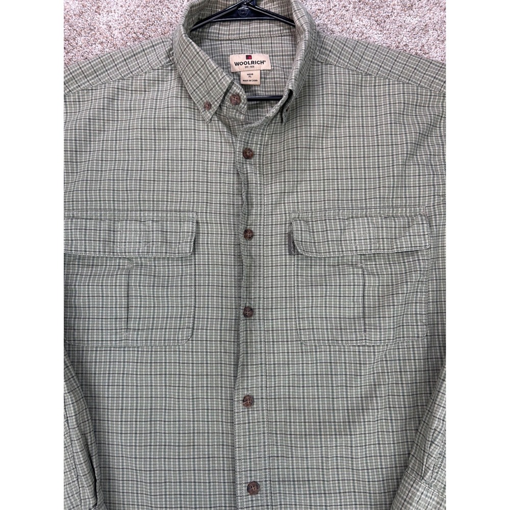 Woolrich Gorpcore Mens XL Light Loden Green Plaid Button Down Shirt 100% Cotton